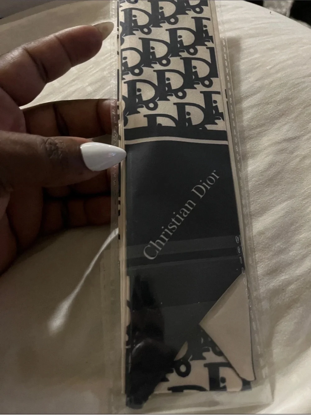 Dior  Navy & Cream Logo Twilly Scarf